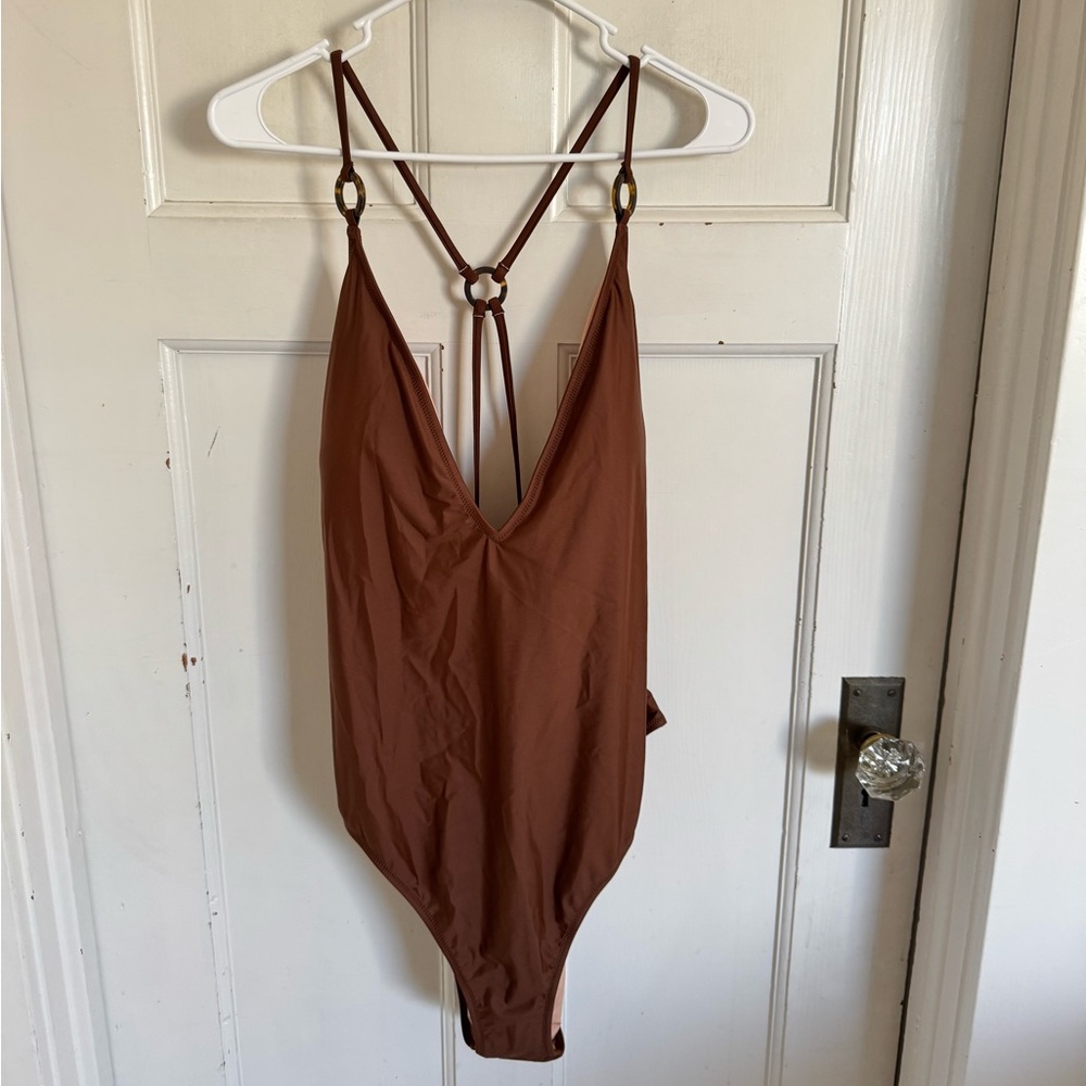 NWT J.Crew brown O-ring V-neck one piece swimsuit size 22